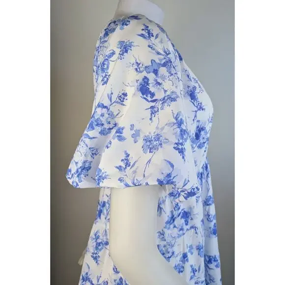 Entro Babydoll Minidress Medium White Blue Floral Ruffle Puff Sleeve Cottagecore - Picture 7 of 11